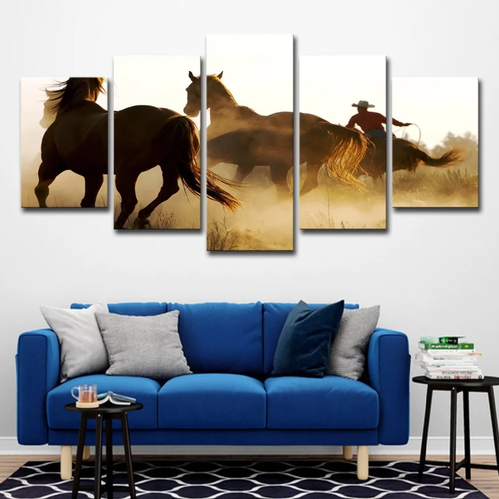 5P2288-HD Printed Cowboys Horses Painting 5 piece Canvas art Print room decor print poster picture canvas Free shipping (3  (12)