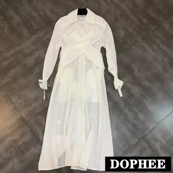 

2019 Spring Summer New Lapel Long Sleeve Cross Waist Small Woman Long Dress Female Girl Students