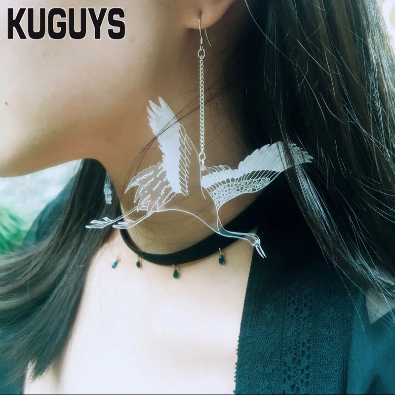 

KUGUYS Fashion Jewelry for Womens Acrylic Big Drop Earrings Laser Engraving Clear Crane Vintage Large Dangle Earring