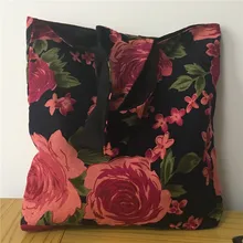 Yile вручную хлопковая льняная эко многоразовая сумка для покупок с короткими ручками Сумка на запястье принт розы цветок с черная подкладка