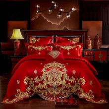 New Luxury Red Wedding Style Gold Royal Embroidery 100 Cotton Bedding Set Duvet Cover Bed sheet