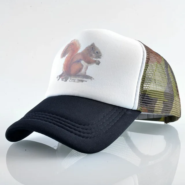 FS Fashion Red Green Squirrel Print Animal Cap Women Men Trucker Hats
