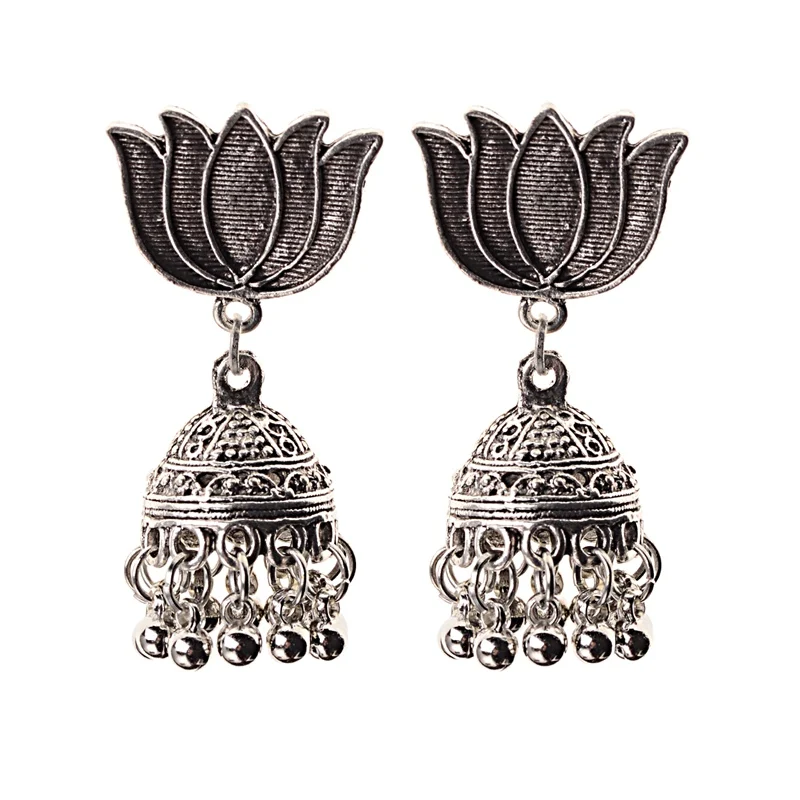 TopHanqi индийские цыганские украшения Jhumka, серебряные, Boho, винтажные Этнические женские серьги, полые Висячие серьги для женщин - Окраска металла: HXE060-5