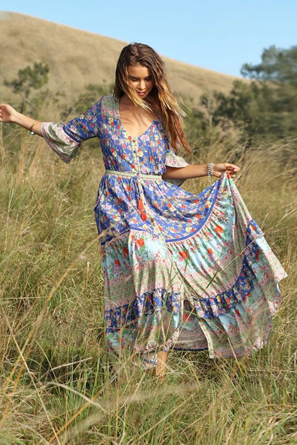 KHALEE YOSE Летнее цветочное Макси платье длинное винтажное Цыганское Платье с пуговицами спереди на кулиске с поясом расклешенное платье с рукавами размера плюс