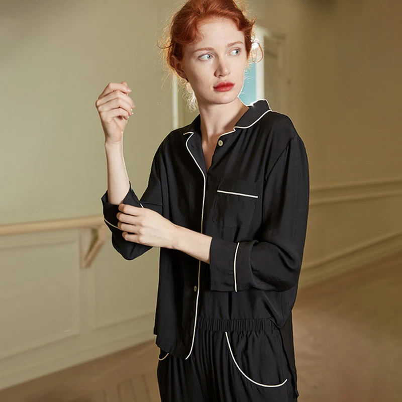 

EFIOLY SKT19A0063 Silk Nightgown Women's Large Size Suit Solid Color Suit Lapel Pajama Sets Sexy Homewear Sleepwear Wholesale