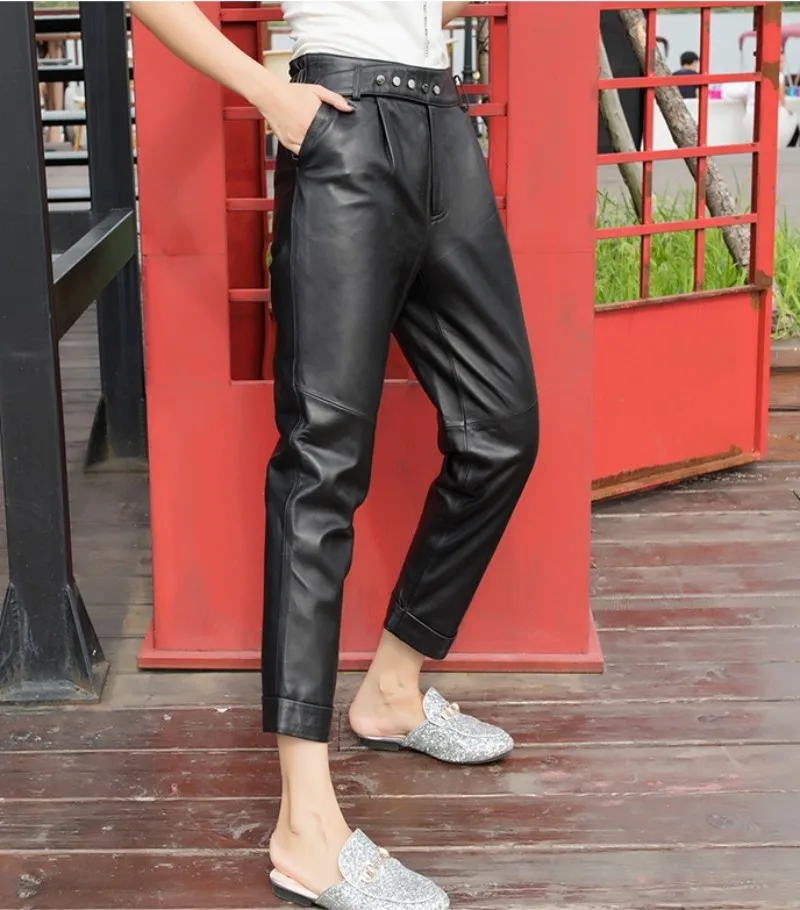 New Casual Sheepskin Harem Pants Women Genuine Leather Streetwear Luxury Real Leather Trousers Lady Harajuku Slim Fit Pants