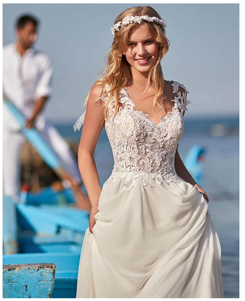 

LORIE Boho Ivory Wedding Dress Deep V Neck Lace Top Chiffon Bride Dress 2019 Backless Elegant Floor Length Wedding Gown
