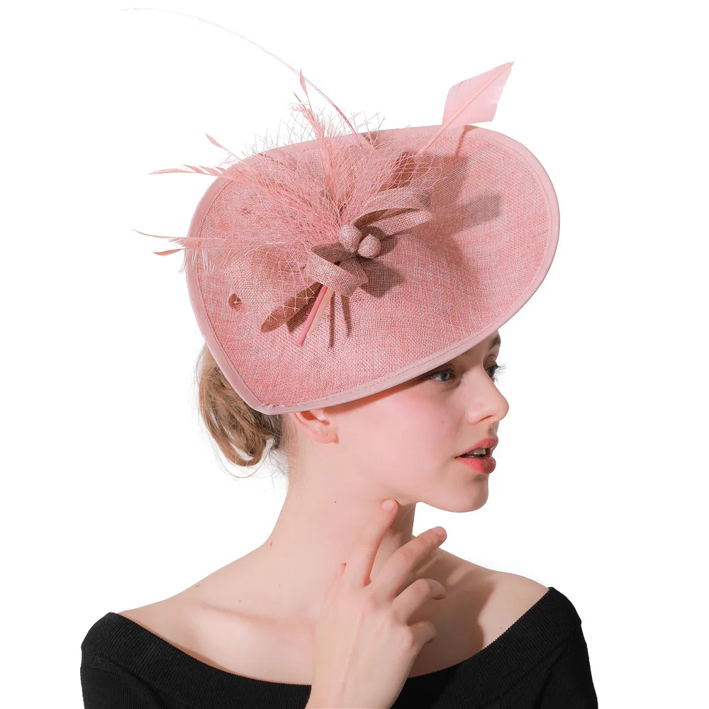 

Vintage peach Imitation linen Fascinators with feather Ladies red Wedding veil Church Fedora Pillbox Hat Derby Women Dress Hats