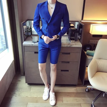 

New Summer Mens Suits With Short Pants 2017 Stylish Double Breasted Casual Slim Fit Male Blazer Sets Party Wear Men suit Tuxedo