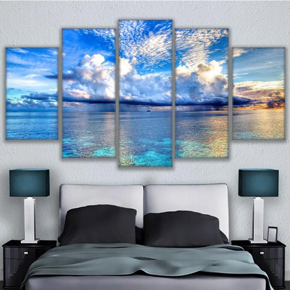 Печатная Модульная картина большой холст 5 панель морской пейзаж, живопись для спальни гостиной дома облака стены Искусство Декор