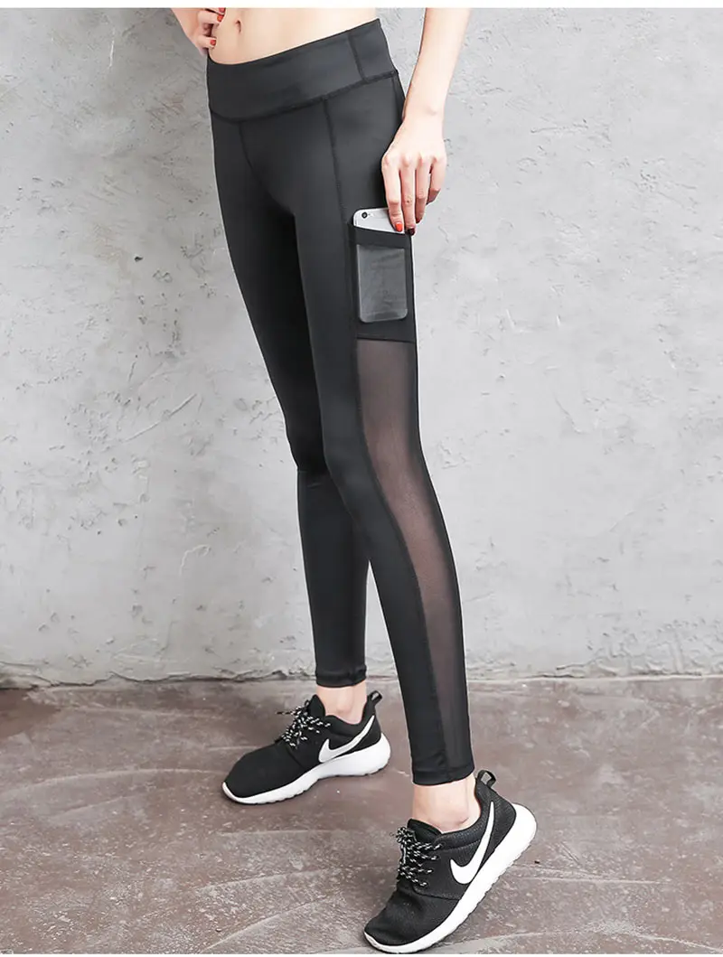 Women Pocket Fitness Yoga Pants Gym Running Tights Mesh Transparent Sport Leggings High Waist Sportswear Elastic Splice Trousers (8)