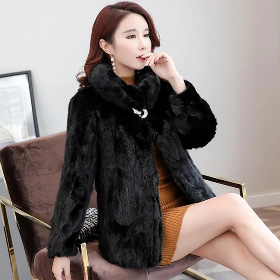 

New Women's Natural Real Pieces Mink Fur Coat Full Sleeve Winter Coat Female