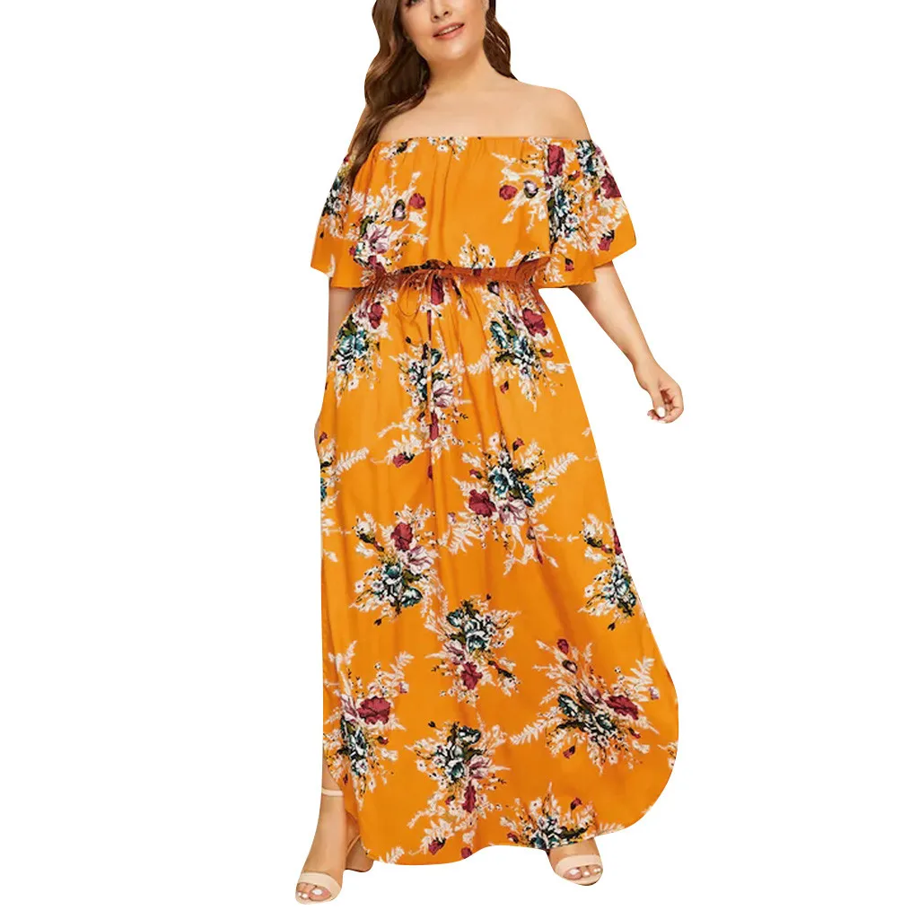 MAXIORILL женское летнее платье макси больших размеров, платье с цветочным принтом и вырезом лодочкой на талии, шифоновое пляжное платье с открытыми плечами,#3