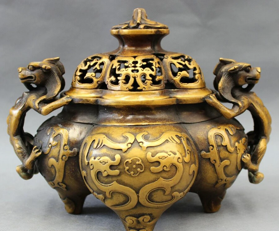 

S5314 10" Chinese Bronze FengShui Fly Dragon Unicorn Statue Incense Burner Censer D0318