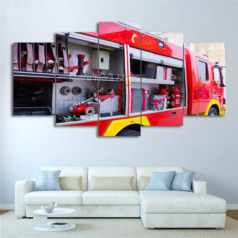 HD-Printed-5-Piece-Canvas-Art-Fire-Truck-Painting-Fire-Tools-Wall-Pictures-Decoration-Modular-Painting