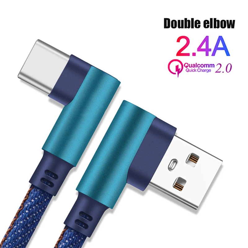 

2.4A Fast Charging USB Cable For iPhone Huawei Xiaomi Mi9 Type C Micro USB 0.25M 1M 2M Cord Mobile Phone Charger 90 Degree Cable