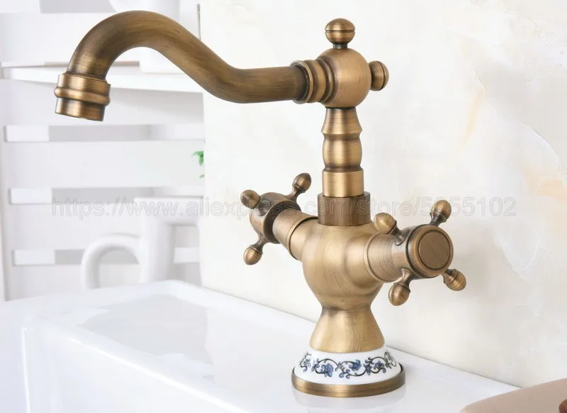 Basin Faucets Antique Brass Bathroom Sink Faucet 360 Degree Swivel Spout Double Cross Handle Bath kitchen Mixer Taps znf601