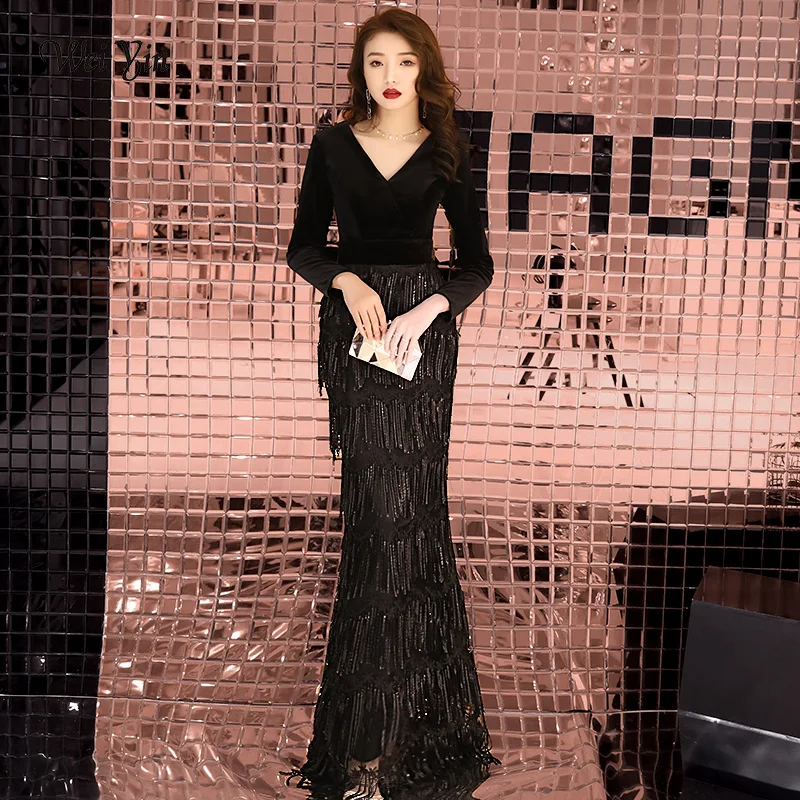 weiyin Evening Dresses Long V Neck Long Sleeves Sequined Elegant Formal Party Gowns Velour Evening Gowns Robe De Soiree WY1254 weiyin Evening Dresses Long V Neck Long Sleeves Sequined Elegant Formal Party Gowns Velour Evening Gowns Robe De Soiree WY1254