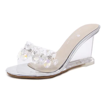 

Summer Wedge Women's Shoes Transparent High-heeled Platform Shoes Sexy Ladies Sweet Glass Beaded Rhinestone Sandals