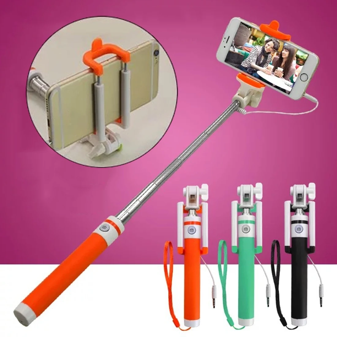 High Quality Colorful wired selfie stick Folding selfie