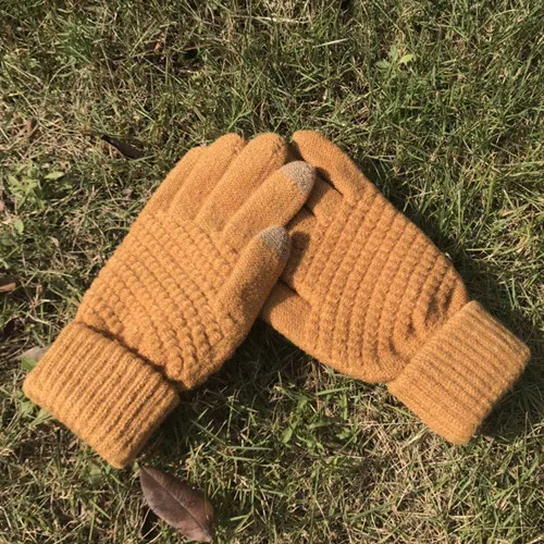 velvet yellow Однотонные мягкие женские перчатки, варежки, теплые зимние варежки для женщин, вязаные женские перчатки на полный палец, женские перчатки - Цвет: velvet yellow