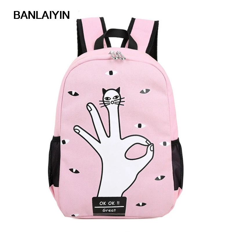 Personality Victory Gesture Printed Women Canvas Cartton Backpacks Women School Bags For Teenager Girls Bookbag Mochila Daypack bookbags-for-girls