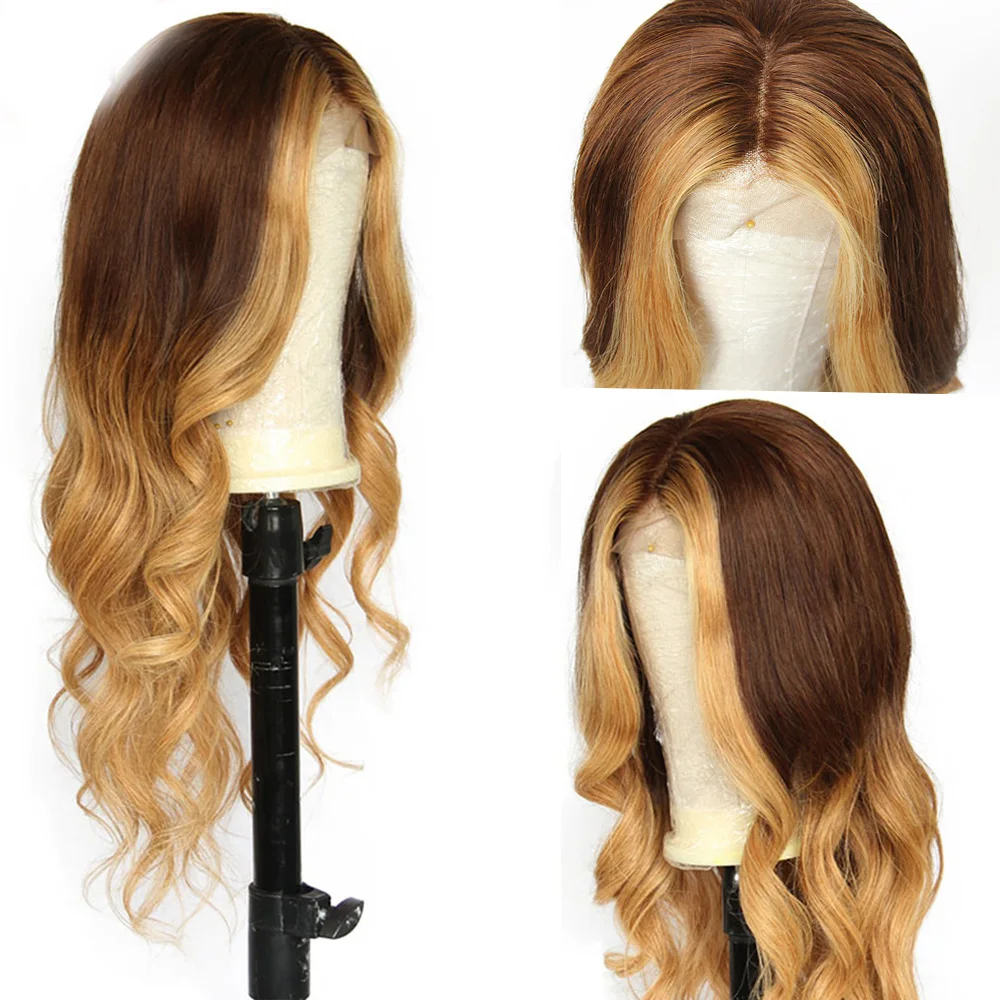 

Eversilky Brazilian Remy Hair Lace Front Human Hair Wigs Pre Plucked Wavy Honey Blonde Highlights Color 180% Density Middle Part