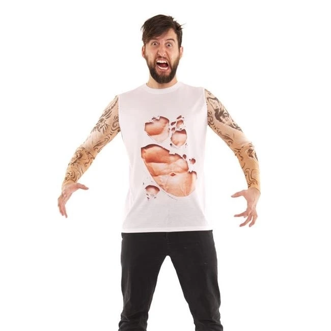 Faux Real Shirt F134181-M Mens Abs & Tattoo Sleeves White - Medium