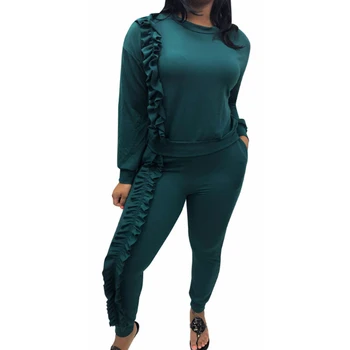 

Plus Size 3XL Autumn Winter Warm 2 Piece Set Women Solid Ruffle Sweatshirt Top+Pant Suit Tracksuit Long Sleeve Sportswear Outfit
