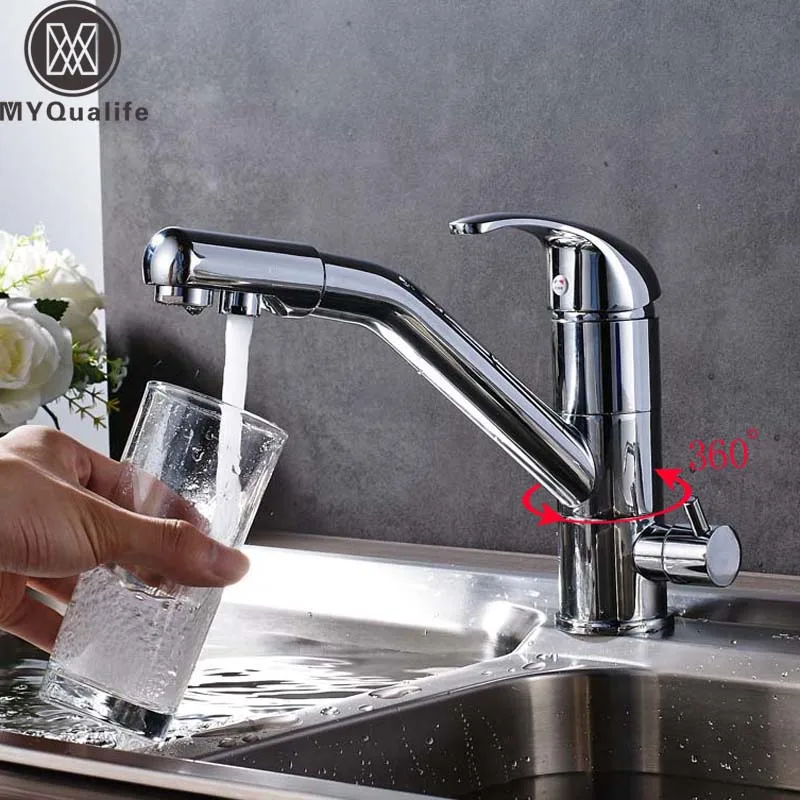 

Bright Chrome Kitchen Faucet Deck Mounted Lavatory Sink Mixer Tap 360 Degree Rotation with Water Purification Spout