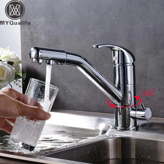 Best Offers Bright Chrome Kitchen Faucet Deck Mounted Lavatory Sink Mixer Tap 360 Degree Rotation with Water Purification Spout