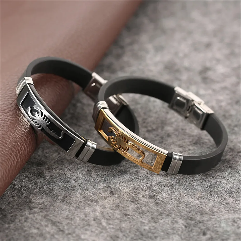 Silver Golden Scorpion Shape Fashion Silicone Stainless Steel Jewelry Rope Chain Sport Men Charms Bracelet Casual Couple Bangle (12)