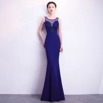

Blue Transparent Mesh Beaded Floral Appliques Night Club Wear Formal Sexy Dress Women Party Dresses Bodycon Robe Longue Femme