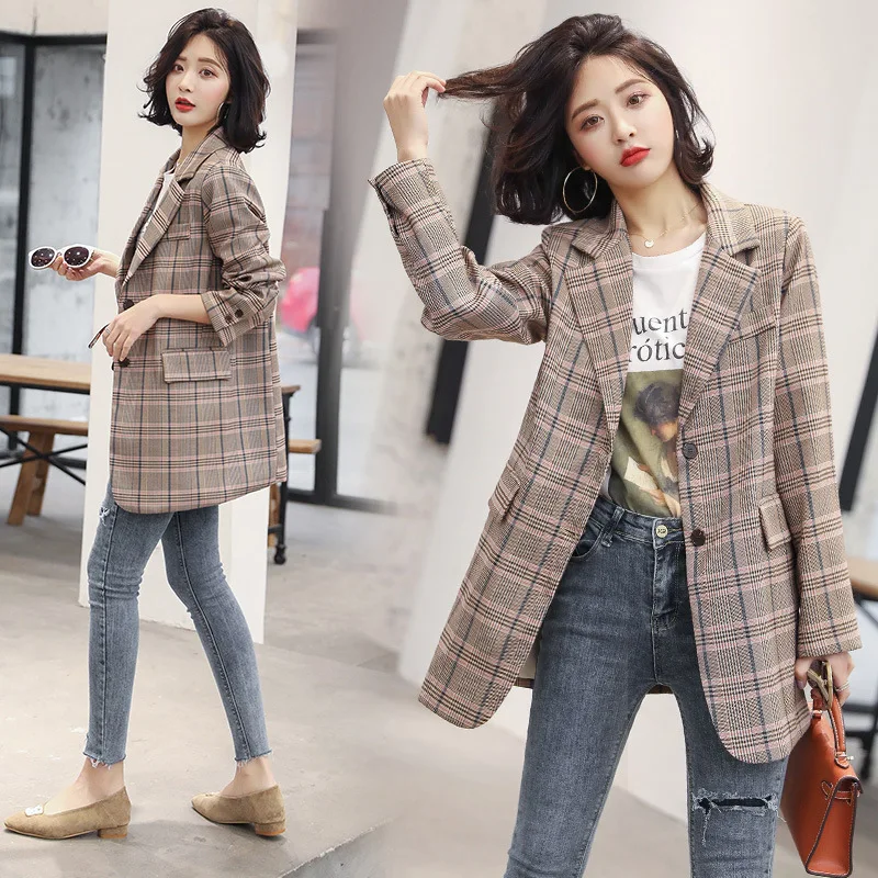 

Casual Plaid Women's Fashion Blazer Jacket Notched Collar Single Breasted Female Suit Coat Outerwear Blaser Femme OL Lady Jacket