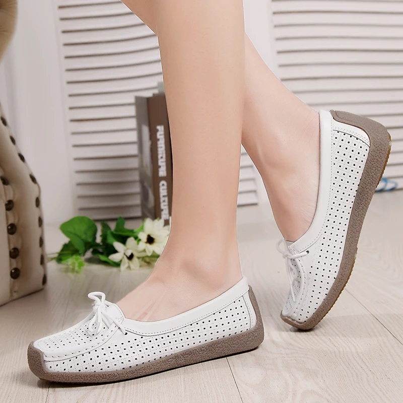 

Summer Women Flats Shoes Genuine Leather Mother Shoes Ladies Comfort Cutout Slip on Ballet Flats Oxford Boat Loafers Shoes Woman