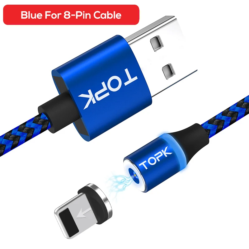 TOPK AM33 светодиодный магнитный кабель Micro USB и usb type-C кабель для samsung Xiaomi huawei LG USB кабель для iPhone Xs Max 8 7 6 Plus - Цвет: For 8-Pin Cable