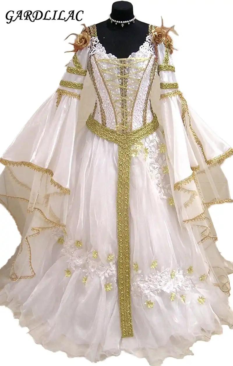 Dubai Muslim White Gold Medieval Wedding Dresses 2019 Long Flare Sleeves Organza Lace Appliques Bridal Gown Robe De Mariage Robe De Mariage Bridal Gownwedding Dress Aliexpress dubai muslim white gold medieval