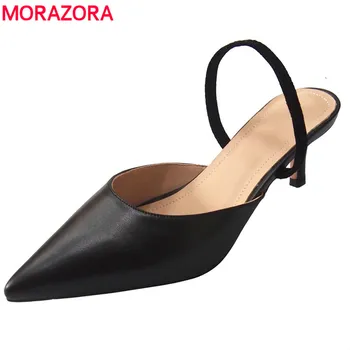 

MORAZORA Genuine Leather sandals women shoes pointed toe slip on high quality soft genuine leather shoes female high heels shoes