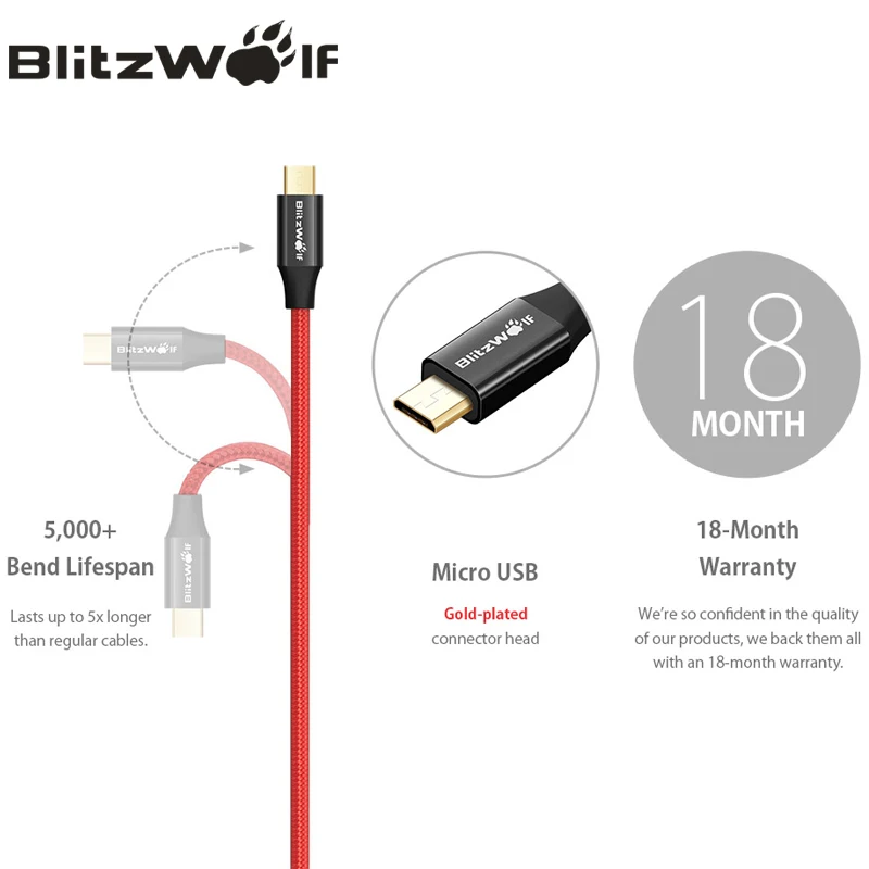 Micro USB кабель BlitzWolf Android для передачи данных 2.4A мобильный телефон зарядного