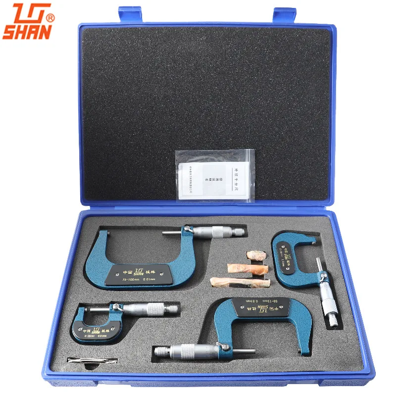 

SHAN 4Pcs Outside Micrometer Set 0-25/25-50/50-75/75-100mm 0.01mm Standards Metric Screw Thread Gauge Caliper Measuring Tools