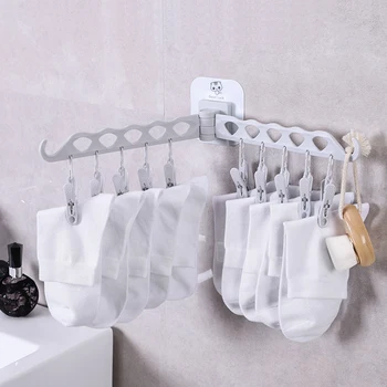 

Plastic 10 Clips Foldable Clothes Rack Hanger Laundry Fold Wall Mounted Drying Rack Holder For Bra Socks Underware Clothespin