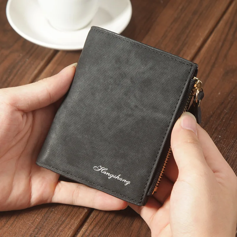 

New Men's Wallet Short Double Zipper Canvas Pattern Retro Multi-card Driver's License Men Leather Wallet Male Cartera Hombre