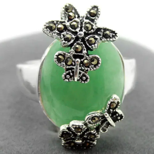 

women Fashion Jewelry 925 Sterling Silver Flower Marcasite Natural Green stone gem Ring Sz 7/8/9/10