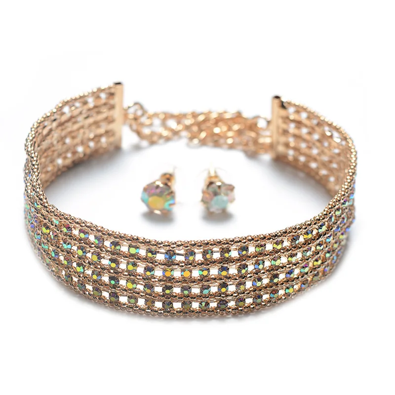 

Olsen Twins Luxury Colorful Crystal AB Claw Chain Choker Necklace Stud Earrings Plated Gold Jewelry Set