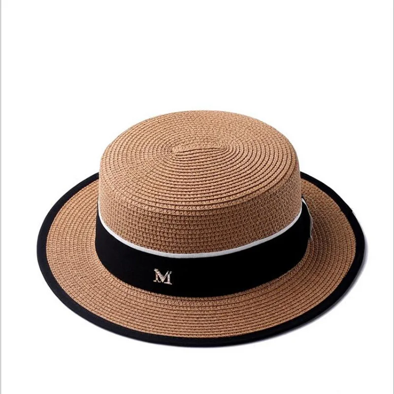 Соломенная пляжная шляпа с круглым плоским верхом, с буквенным принтом, соломенная шляпа для женщин, шляпа от солнца, соломенная шляпа для путешествий, Snapback Gorras