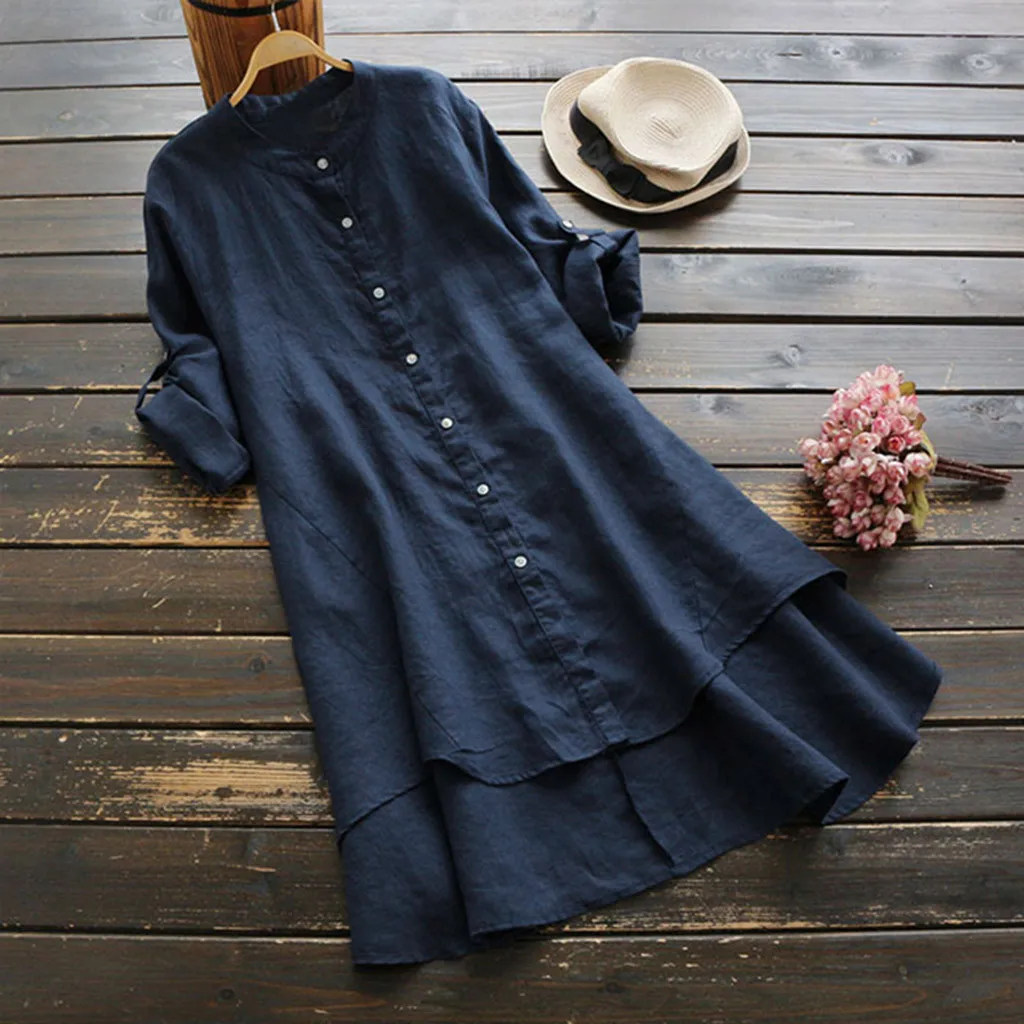 

Women Casual Loose Linen Dress Soild Boho Vintage Ladies Button Long Sleeve Long Shirt Mini Dress vestidos de verano 2019 New
