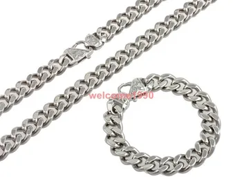 

MEN'S CASTING CURB CUBAN HEAVY CHAIN NECKLACE BRACELET SET 15mm STAINLESS STEEL