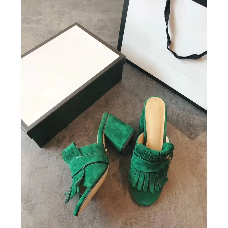 

famous brand luxury high quality Fashionable Women sandals Lady fringe slides casual slippers summer Women high heel Slipper