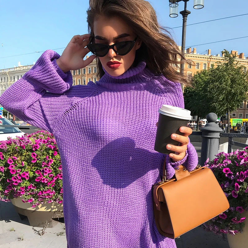 Women Purple Knitted Sweater Autumn Winter New 2019 Fashion Hem Split Loose Casual Pullover Turtleneck Long Sweater 154