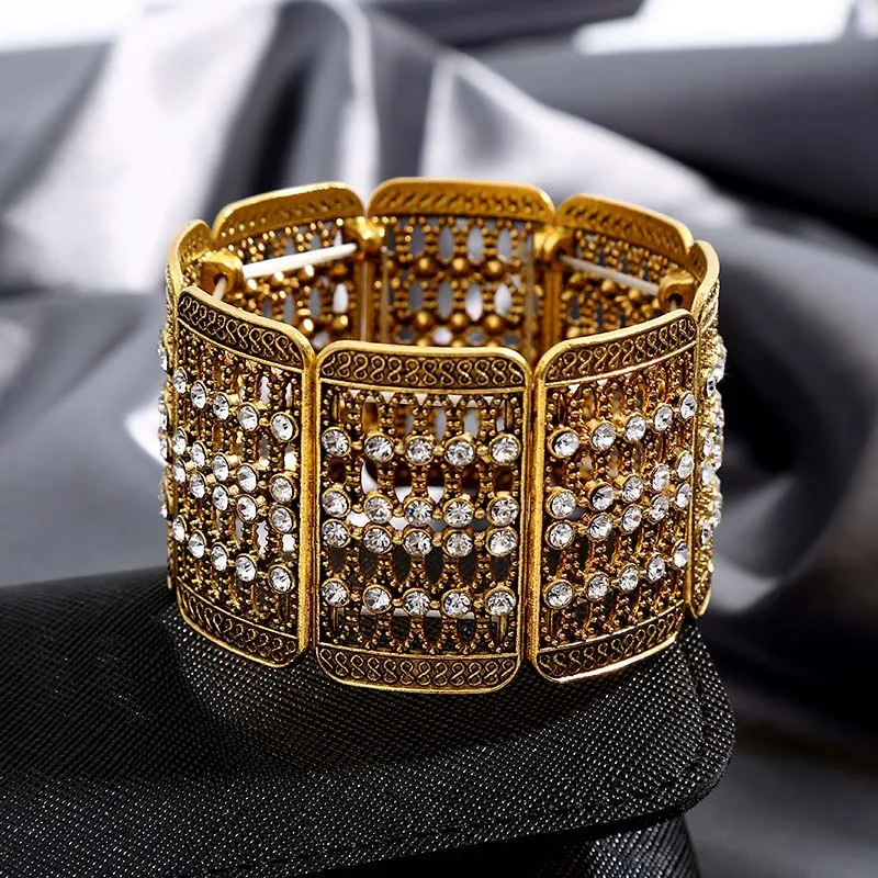 Crazy Feng панк растягивающийся браслет, браслеты для женщин, винтажные индийские ювелирные изделия, дропшиппинг, античный золотой цвет, широкий Браслет-манжета - Окраска металла: 402